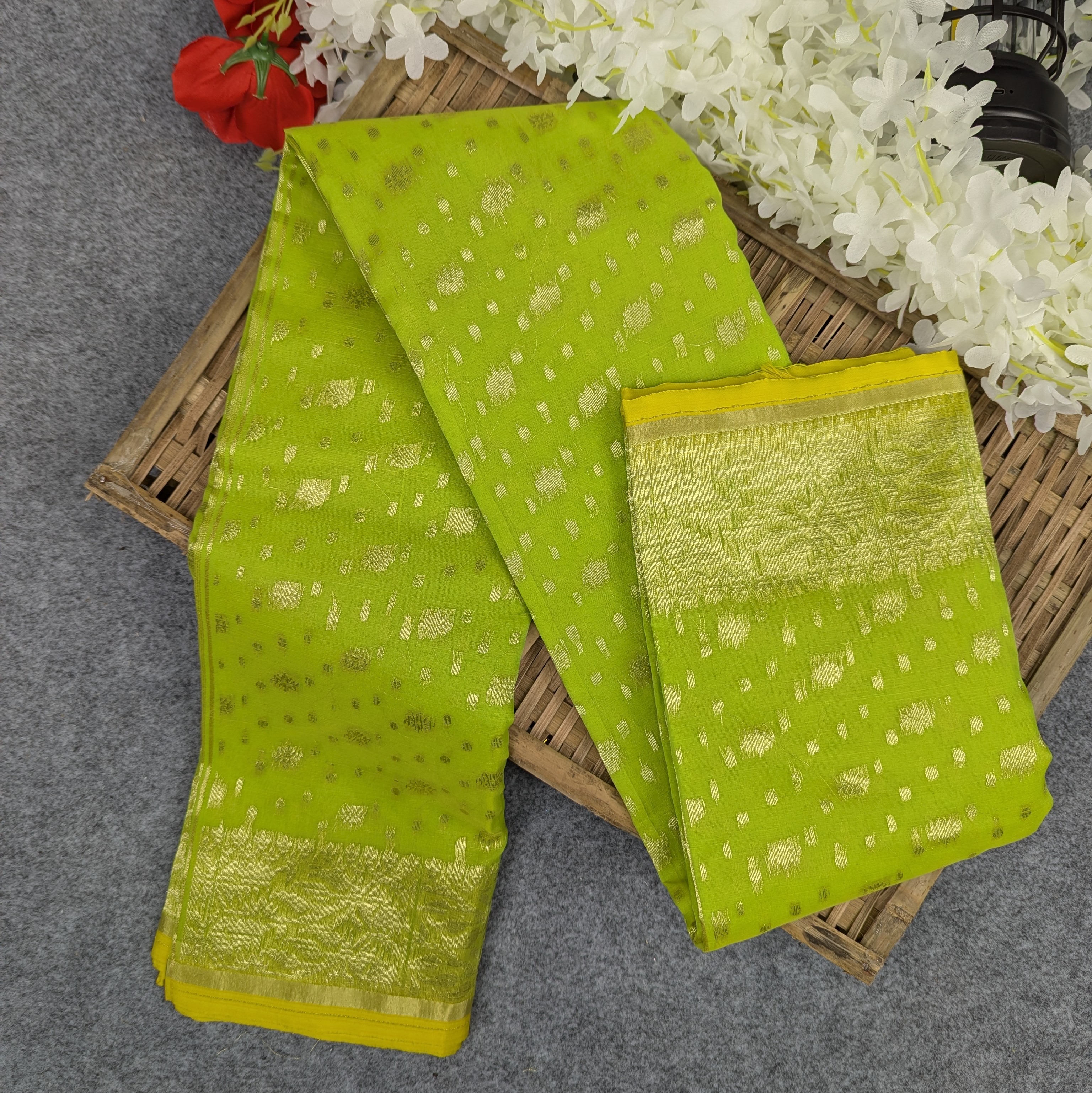 Premium Half Silk Jamdani Saree Combo Set - Lemon