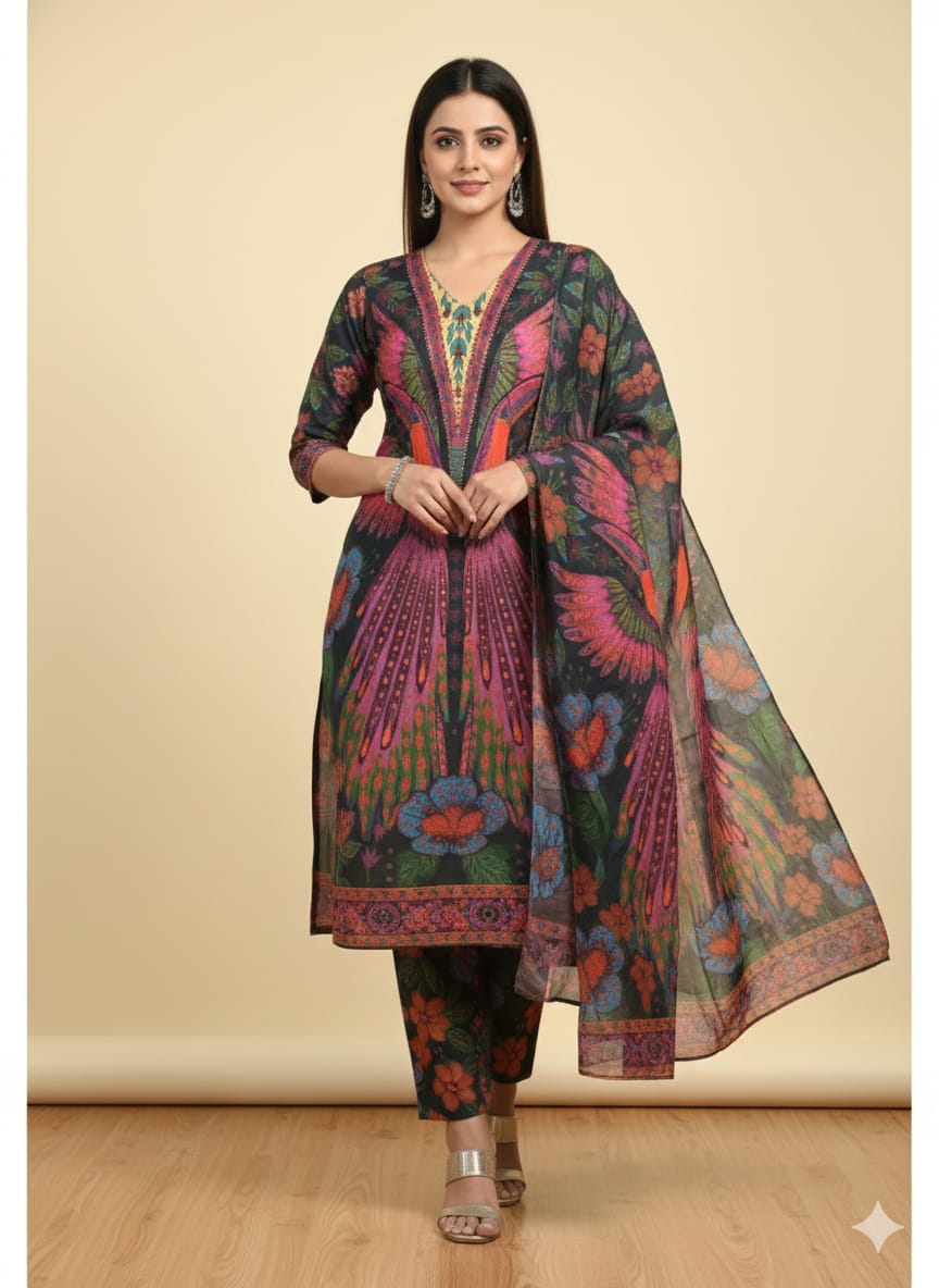 Women's Silk Digital Print Three Piece with Semi Cotton Orna