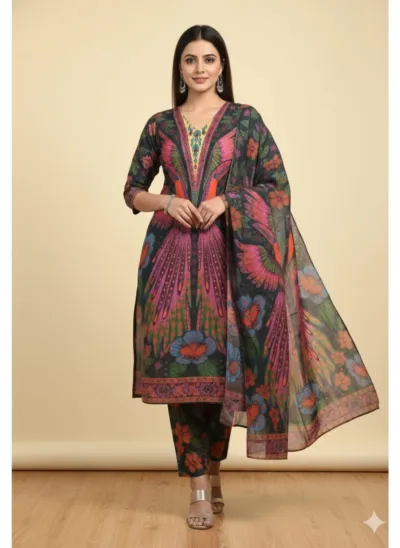 Women's Silk Digital Print Three Piece with Semi Cotton Orna