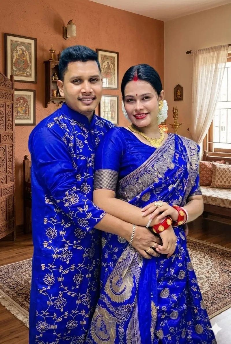 Screen Print Silk Saree and Block Print Panjabi Couple Set