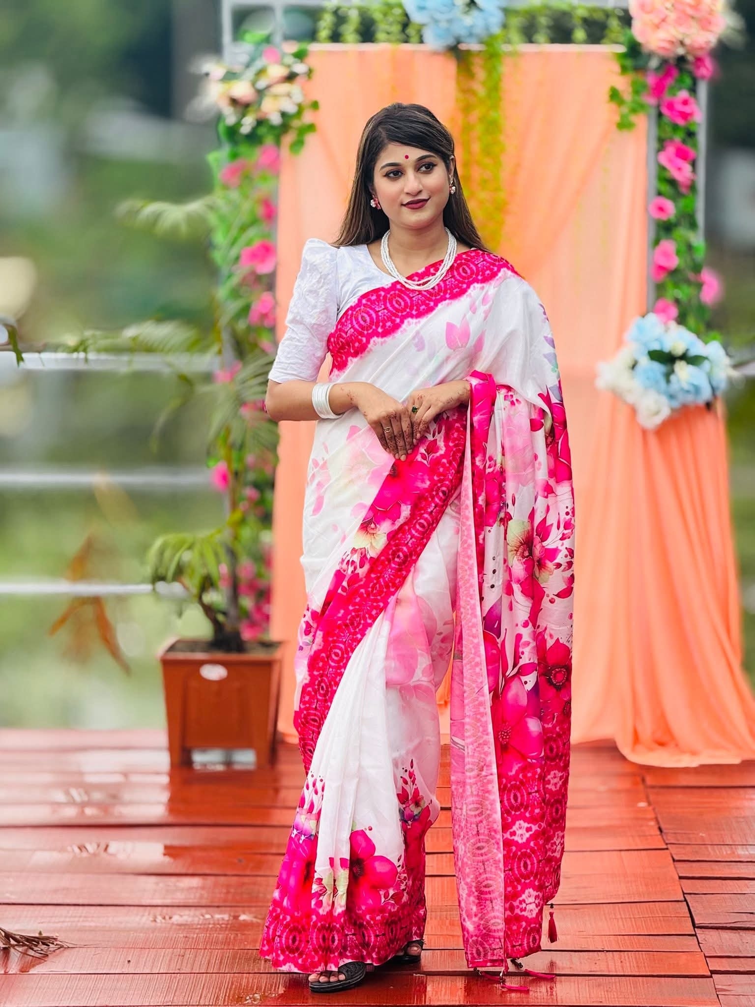 Chanderi Silk Flower Print Saree with Printed Border, 5 Colours