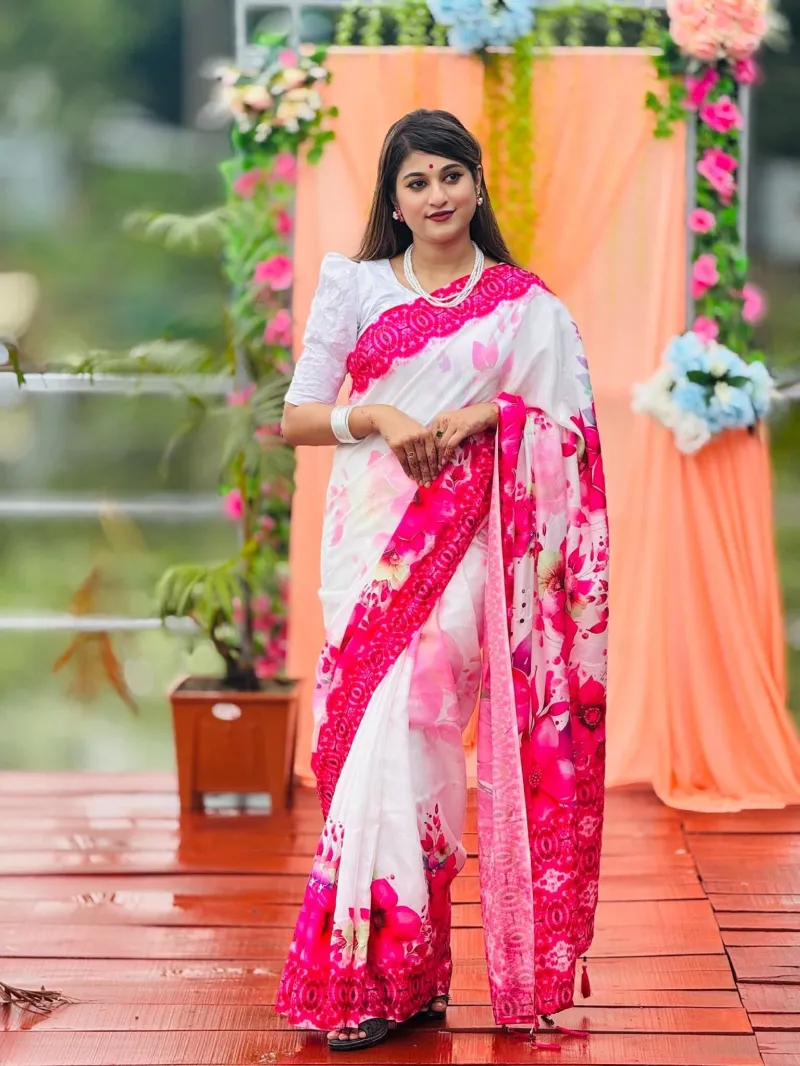 Women's Chanderi Silk Festive Saree, Star Flower Print, No Blouse