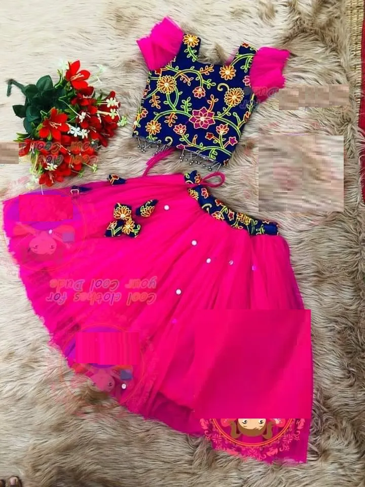Girls' AC Net Party Lehenga with Aari Work, Ages 1 to 12