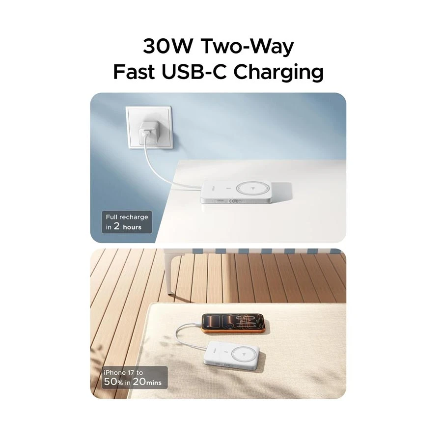UGREEN PB570 10000mAh 30W Qi2 Magnetic Power Bank, Lunar White