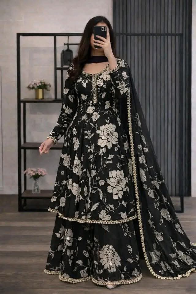 Screen Print Cotton Garara Three Piece with Lace, Sizes M and L