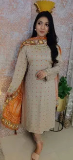 Linen Embroidery Three Piece with Screen Print and Cotton Orna
