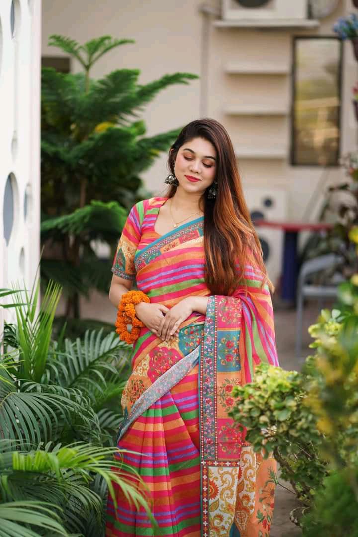 Women's Digital Print Saree with Blouse Piece, 5 Colours