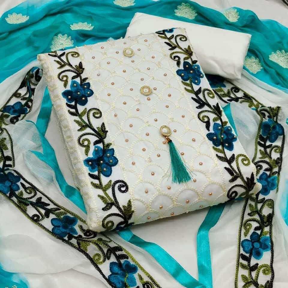 Semi-Stitched Aari Work Three Piece, 45 Inch Kameez