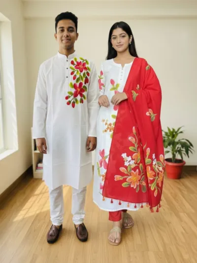 Matching Couple Dress, Unstitched Three Piece with Panjabi 38 to 46