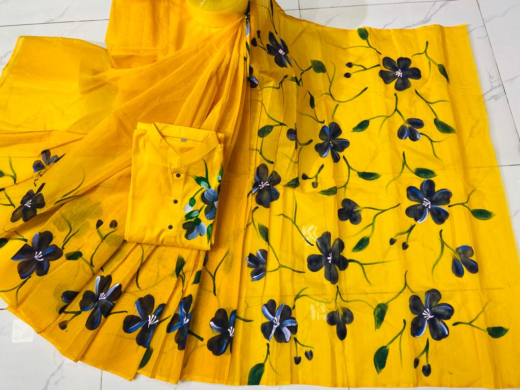 Half Silk Saree and Dhupian Panjabi Couple Set, Hand Brush Print