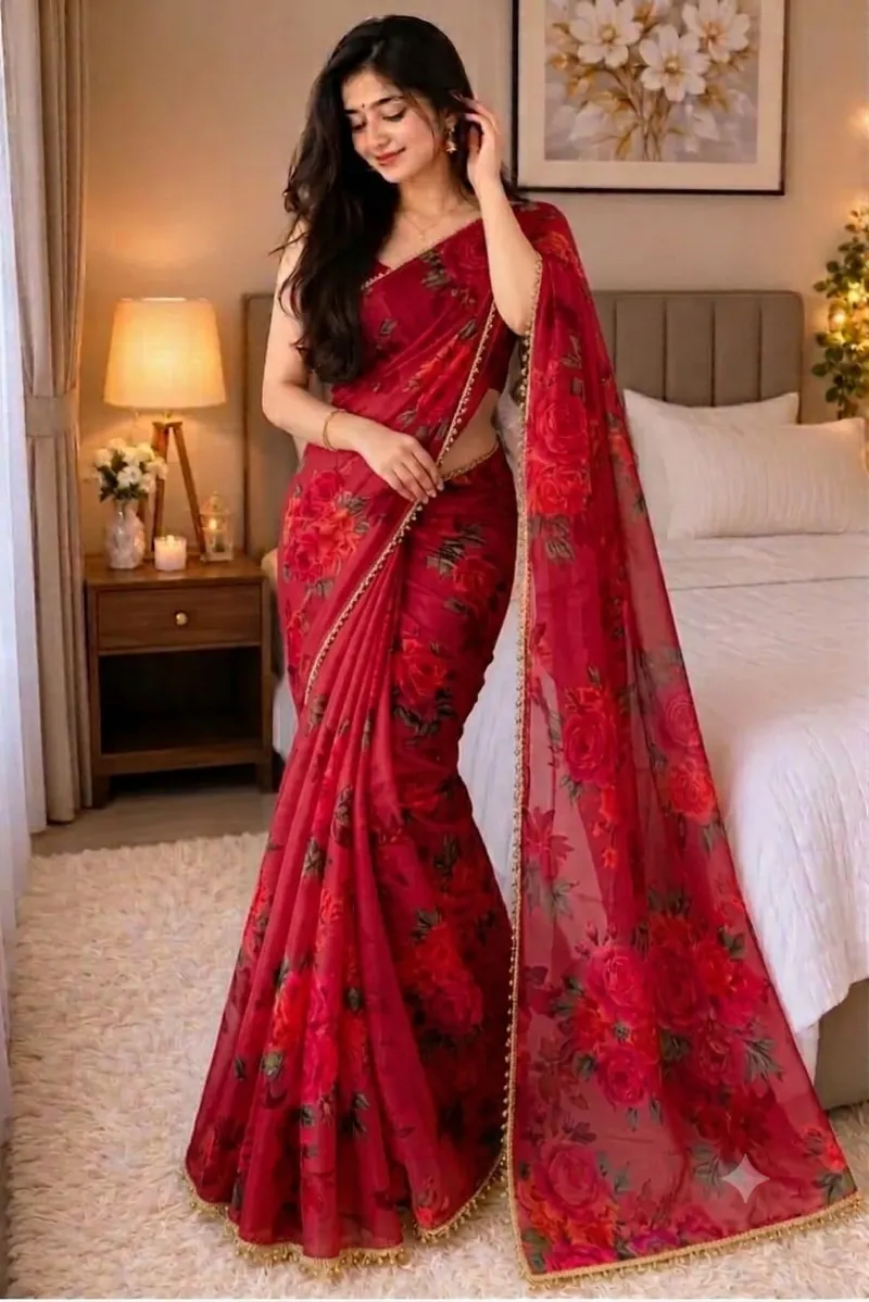 Soft Georgette Saree with Pearl Lace Border and Blouse Piece