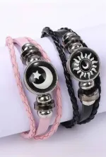Sun and Moon Couple Bracelet Set, Leather with Metal Finish