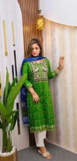 Linen Three Piece with Screen Print and Stone Work, Sizes 40 to 44