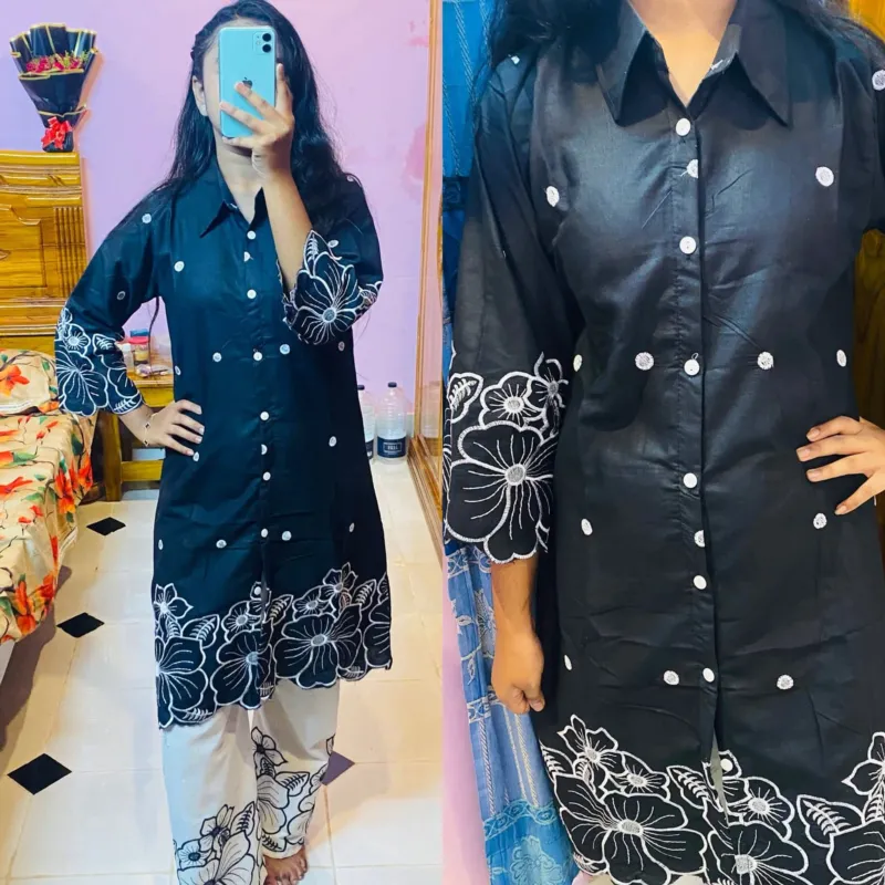 Women's TC Cotton Embroidered Co-Ord Set with Laser Cut Work