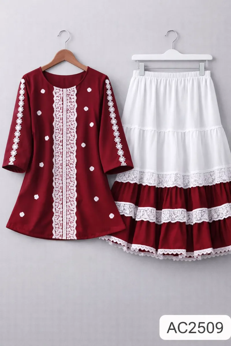 Ladies' Cherry Georgette Tops and Skirt Set, 25 Inch Top