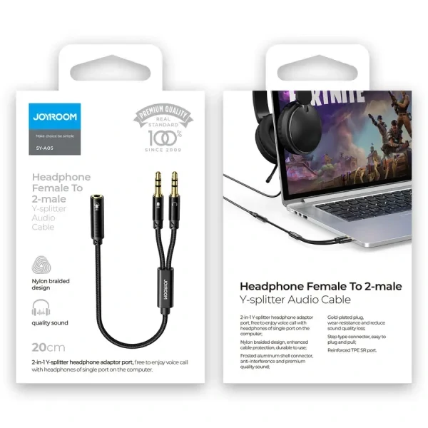 SY-A05 Headphone female to 2-male Y-splitter audio cable 0.2m – black Color