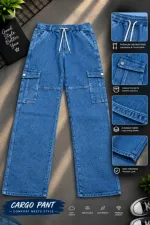 Men's 6 Pocket Baggy Cargo Denim Pant with Drawstring Waist