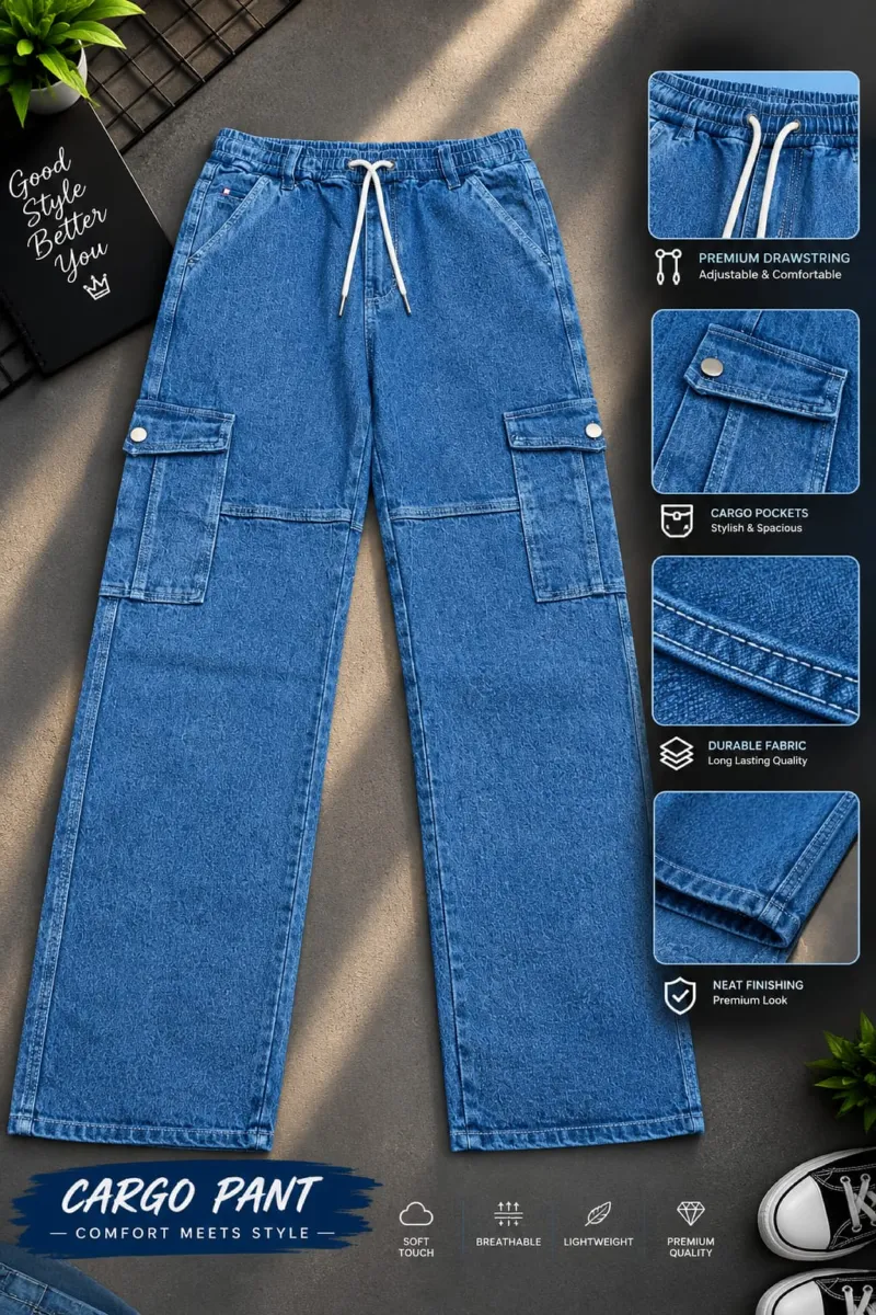 Men's 6 Pocket Baggy Cargo Denim Pant with Drawstring Waist