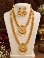 Elegant Gold-Plated Bridal Jewellery Set with Red-Green Stones & Pearls