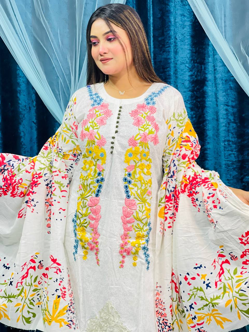 Women's Cotton Voile Three Piece with Full Body Embroidery