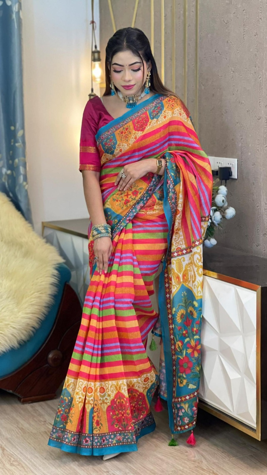 Smooth Chanduri Silk Saree in Bright Digital Print with Tassels