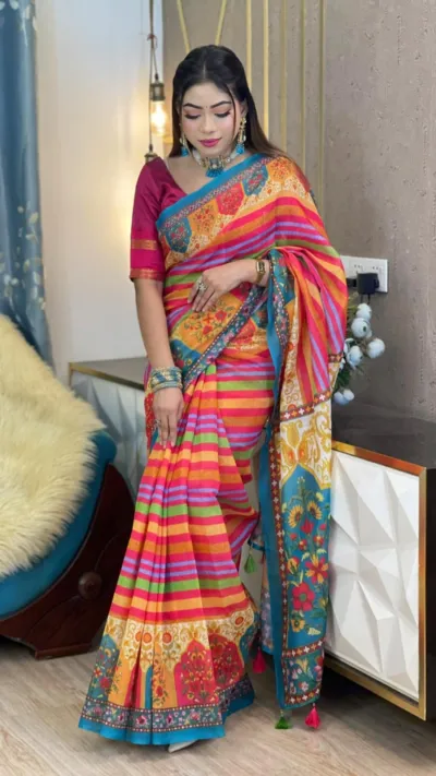 Smooth Chanduri Silk Saree in Bright Digital Print with Tassels