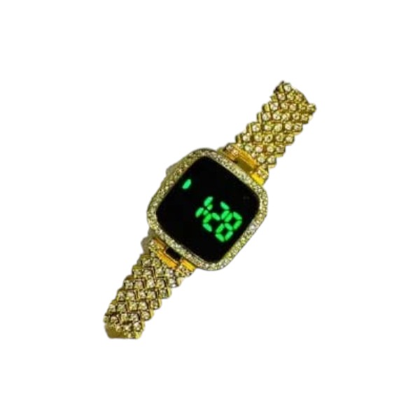 New Trend Fashion Steel Chain Diamond Women Watch Full Diamond Touch Screen LED Water Diamond Bracelet Watch (Golden)