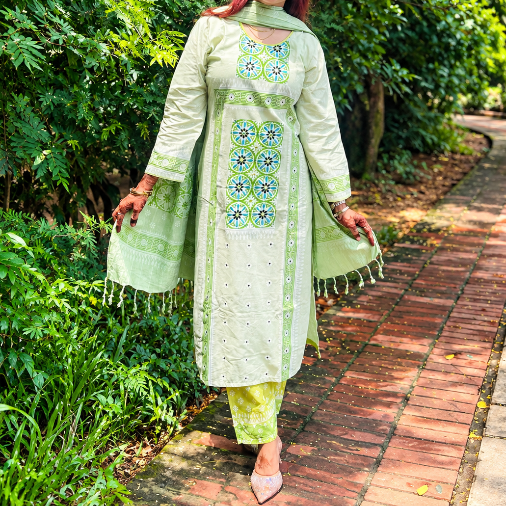Premium Aarong Cotton Readymade Three-Piece Set with Sequins & Mirror Work