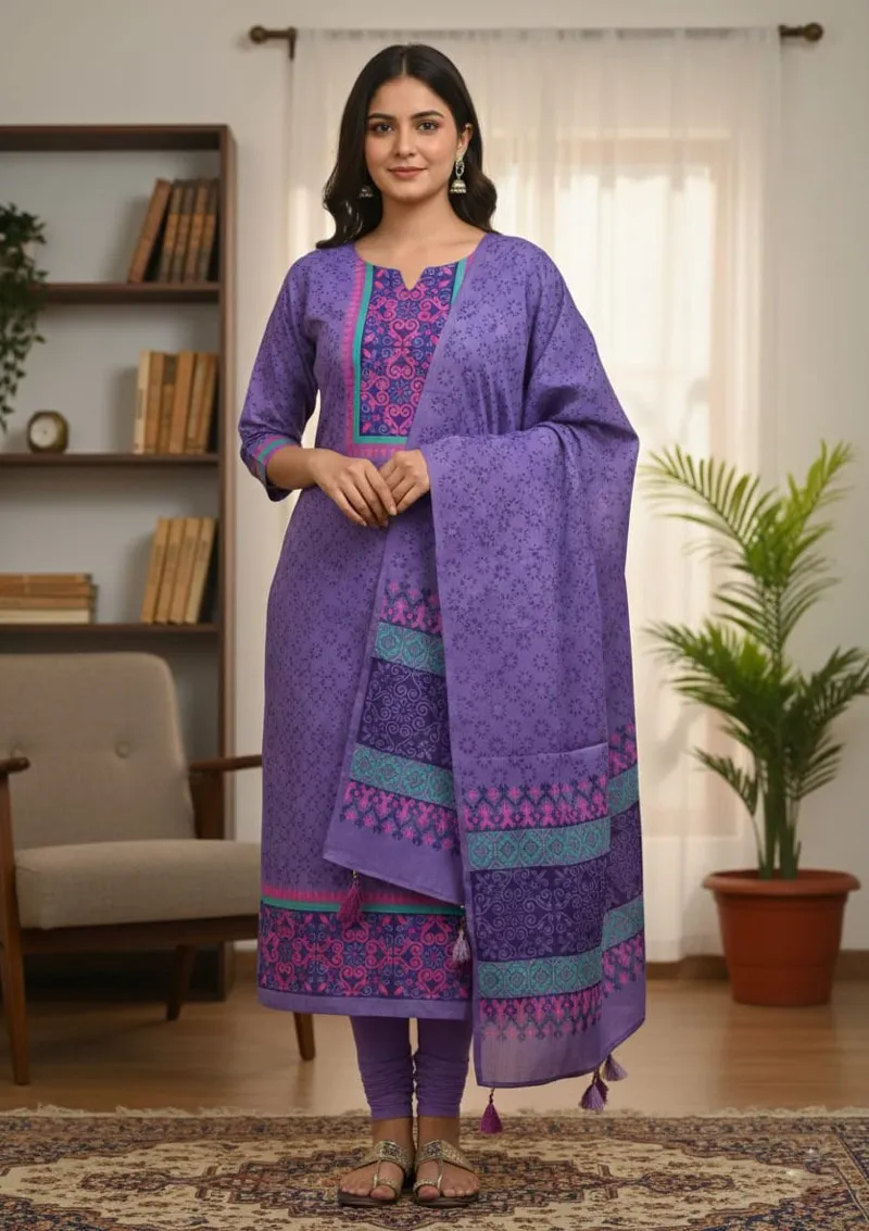 Block and Hand Print Unstitched Three Piece with Tassel Orna