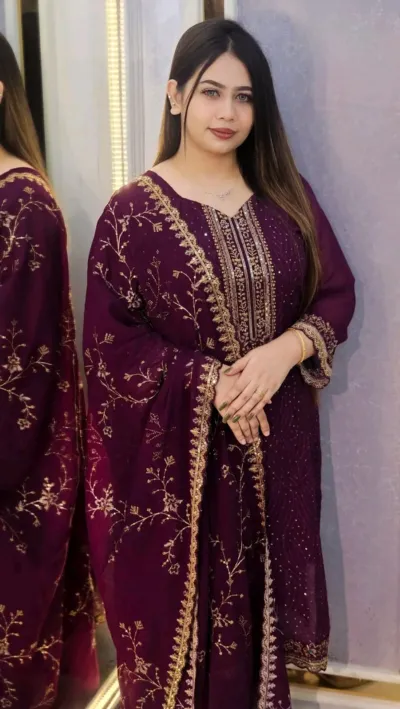 Faux Georgette Embroidered Four Piece Set with Micro Silk Salwar