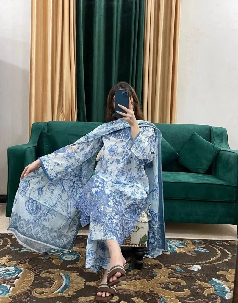 Women's Pure Cotton Embroidered Three Piece, 6 Colours