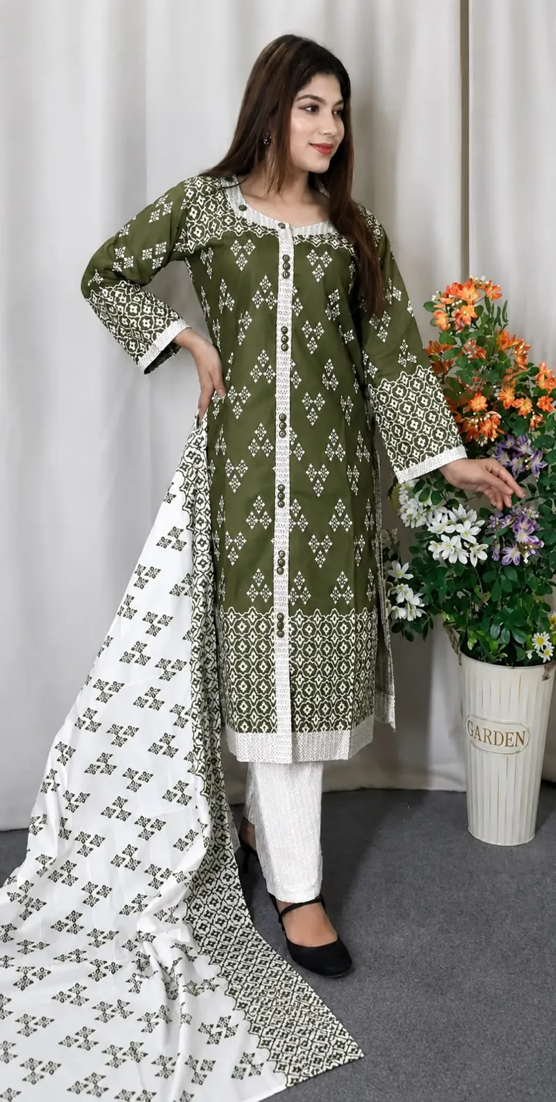Readymade Cotton Three Piece with Lace Work, Cotton Orna, 4 Colours