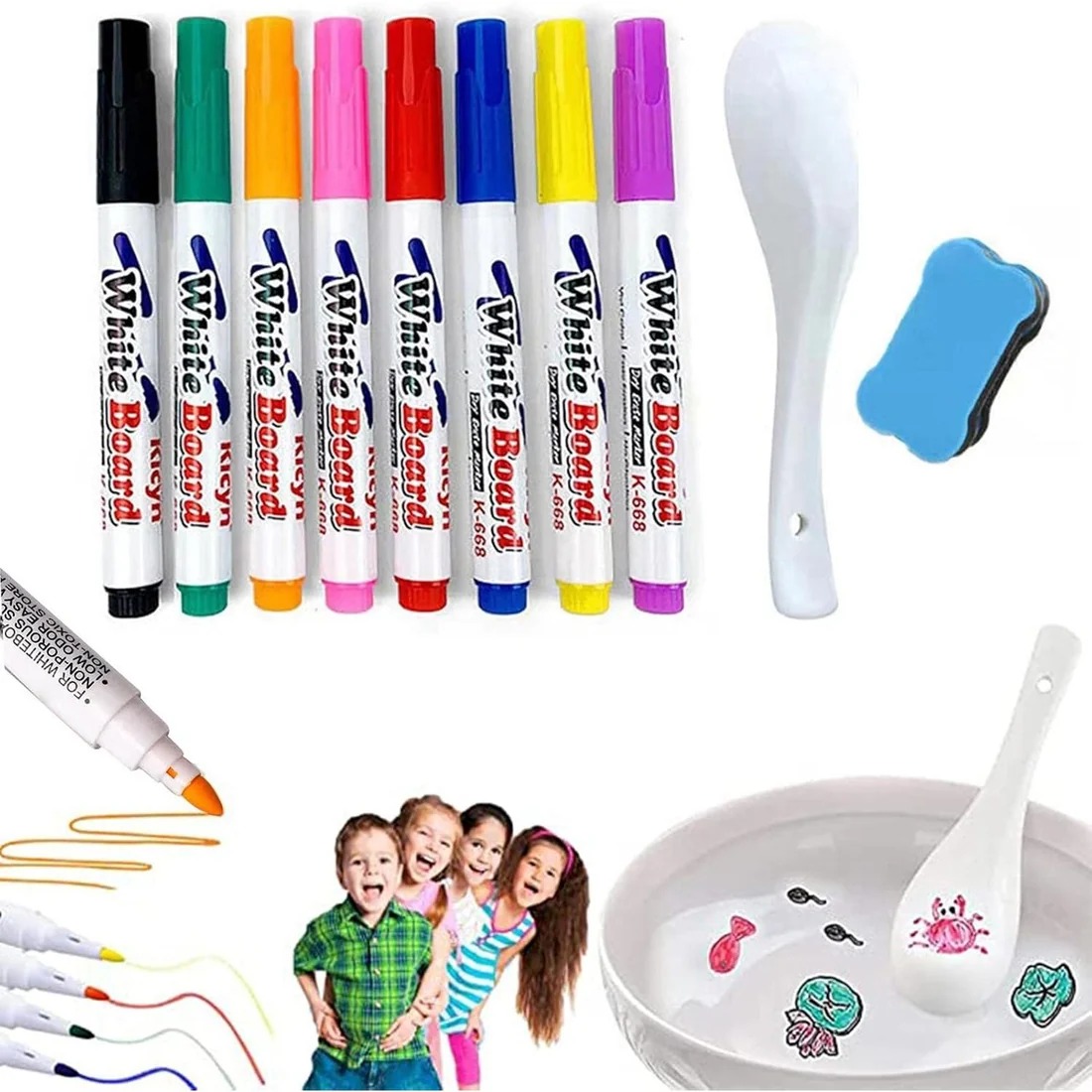 Colorful Magical Water Painting Whiteboard Markers – Magic Floating Ink Pens for Water Art & Ceramic Spoon Painting, Safe Non-Toxic Quick-Drying DIY Educational Art Toys for Kids