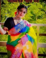 Rainbow Afsan Print Half Silk Saree, Hand and Block Print