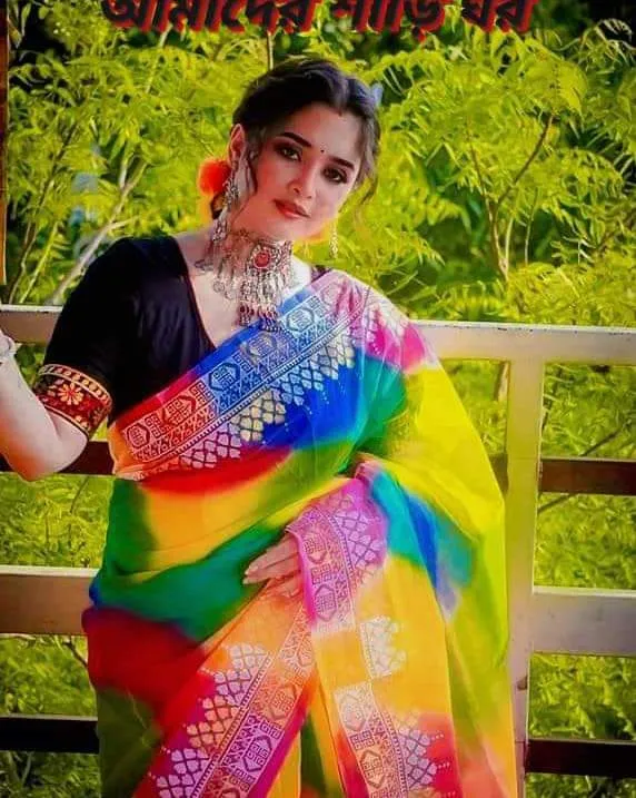 Rainbow Afsan Print Half Silk Saree, Hand and Block Print