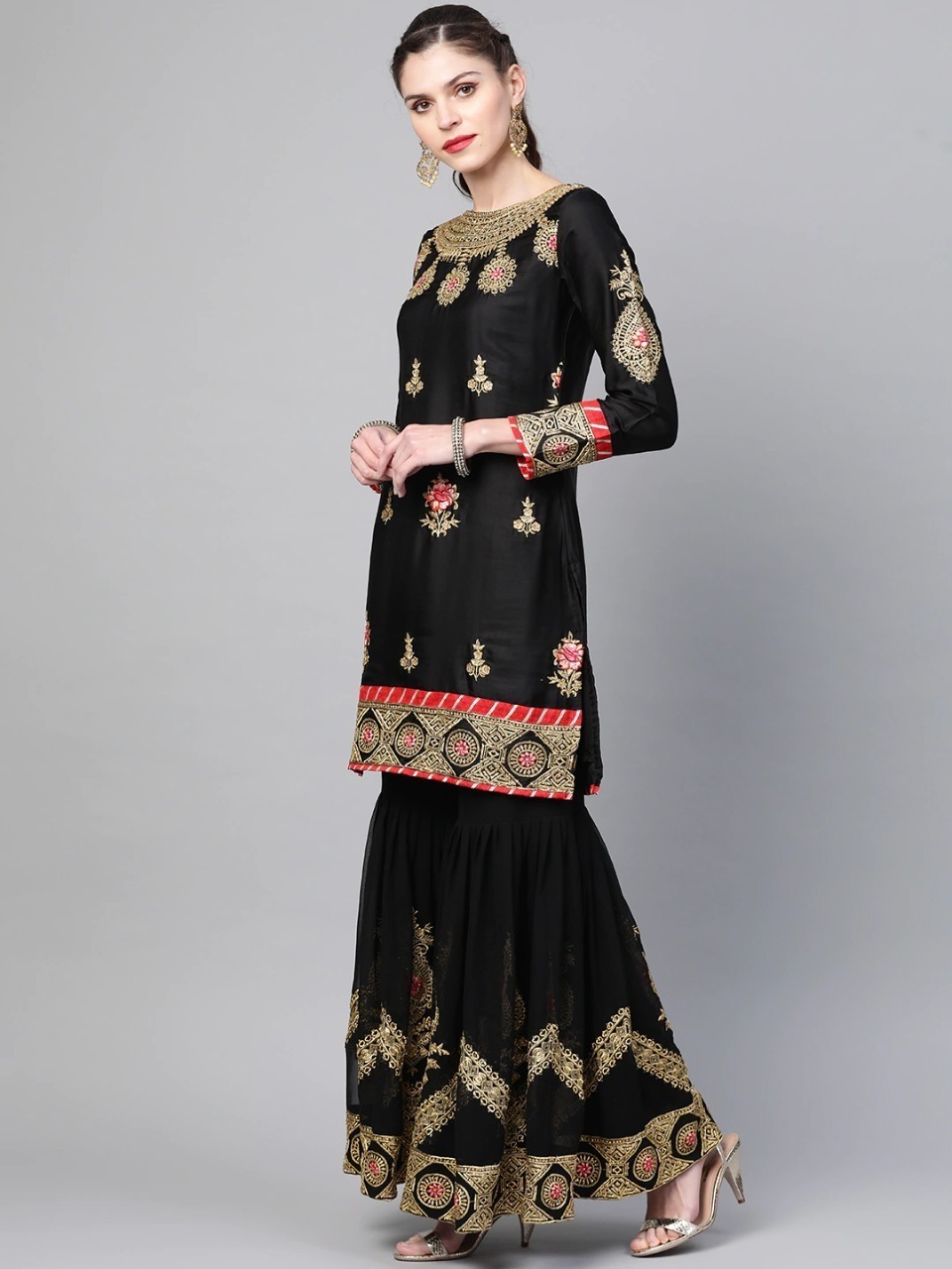 Embroidered Georgette Sharara Set with Chiffon Orna and Inner