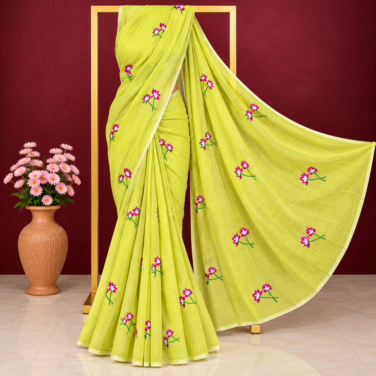 Exclusive Lime Green Cotton Embroidered Saree (with running blouse piece)