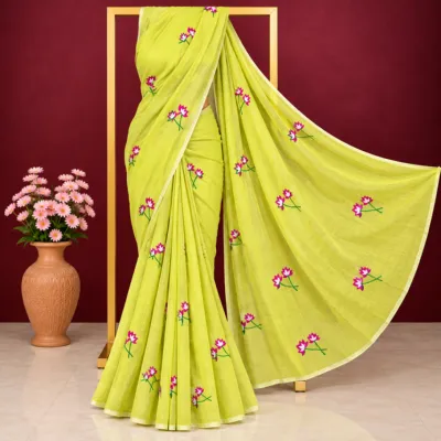 Exclusive Lime Green Cotton Embroidered Saree with Running Blouse Piece