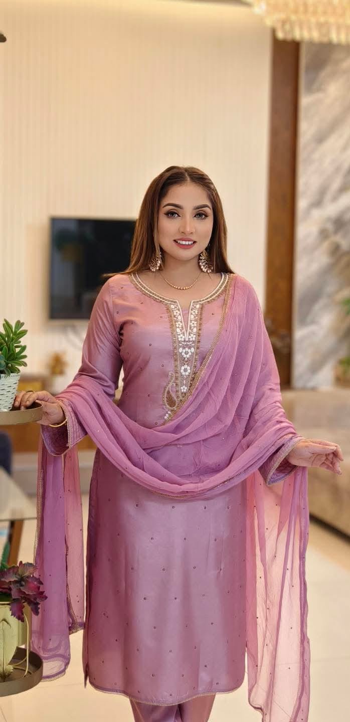Topeto Silk Three Piece with Stone Work Embroidery, Sizes 42 and 44