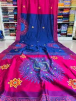 Embroidered Dhupian Silk Saree in Block Print, Without Blouse