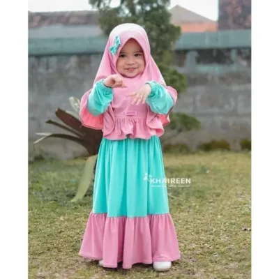 Girls' Borka Set with Hijab, Sizes 36 to 44, 7 to 12 Years