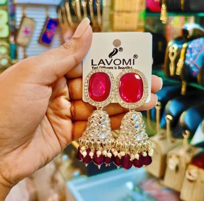 Premium Ruby Pink & Wine Stone Kundan Jhumka Earrings