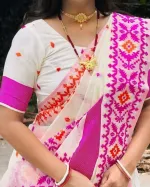 Pink and Orange Screen Print Half Silk Cotton Saree for Puja