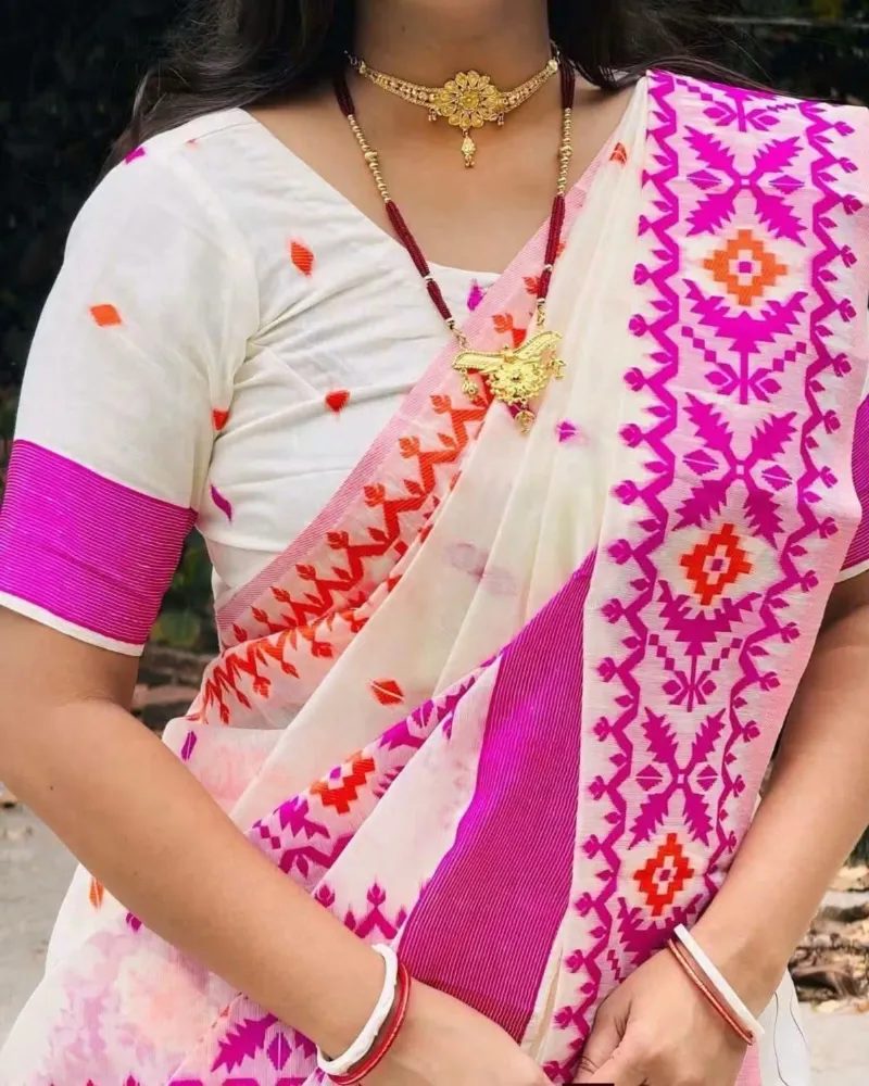 Pink and Orange Screen Print Half Silk Cotton Saree for Puja