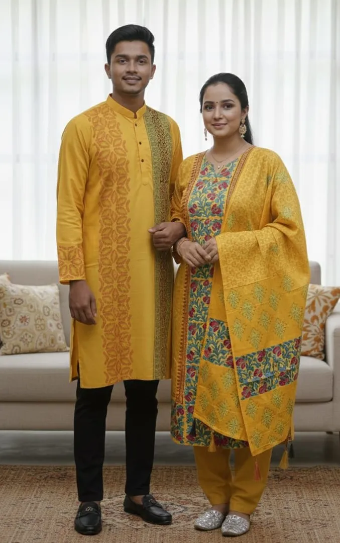 Block Print Three Piece and Dhupian Silk Panjabi Matching Set