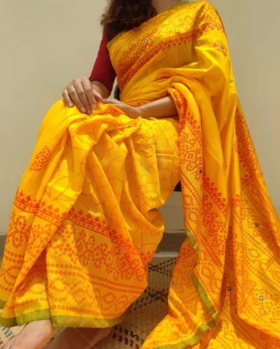 Resham Silk Chunri Block Print Saree with Dollar Work, 13 Haath