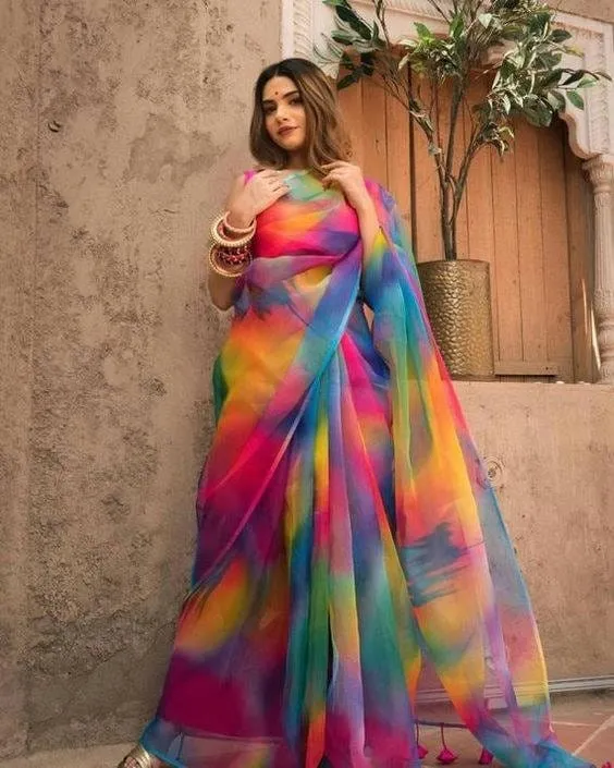 Half Silk Hand Paint Saree for Women, 6 Colour Choices
