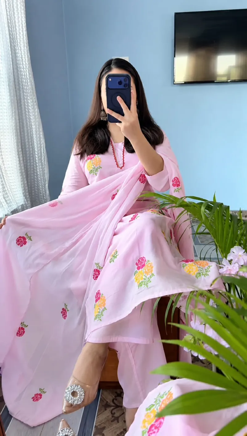 Floral Embroidery Cotton Garara Dress with Embroidered Orna