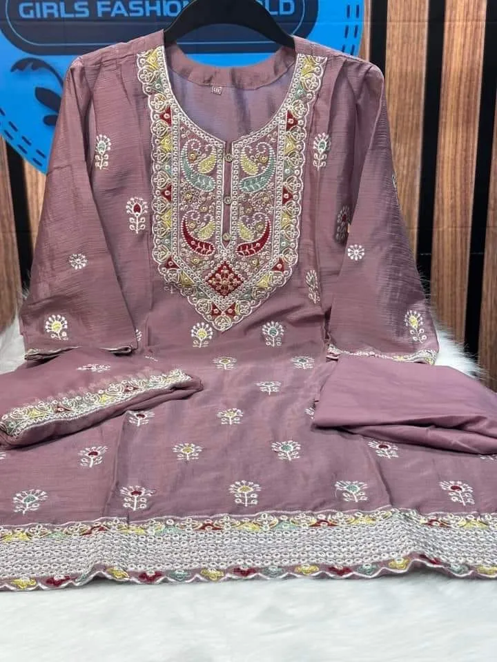 Readymade Crepe Chinon Georgette Three Piece with Tassel Orna