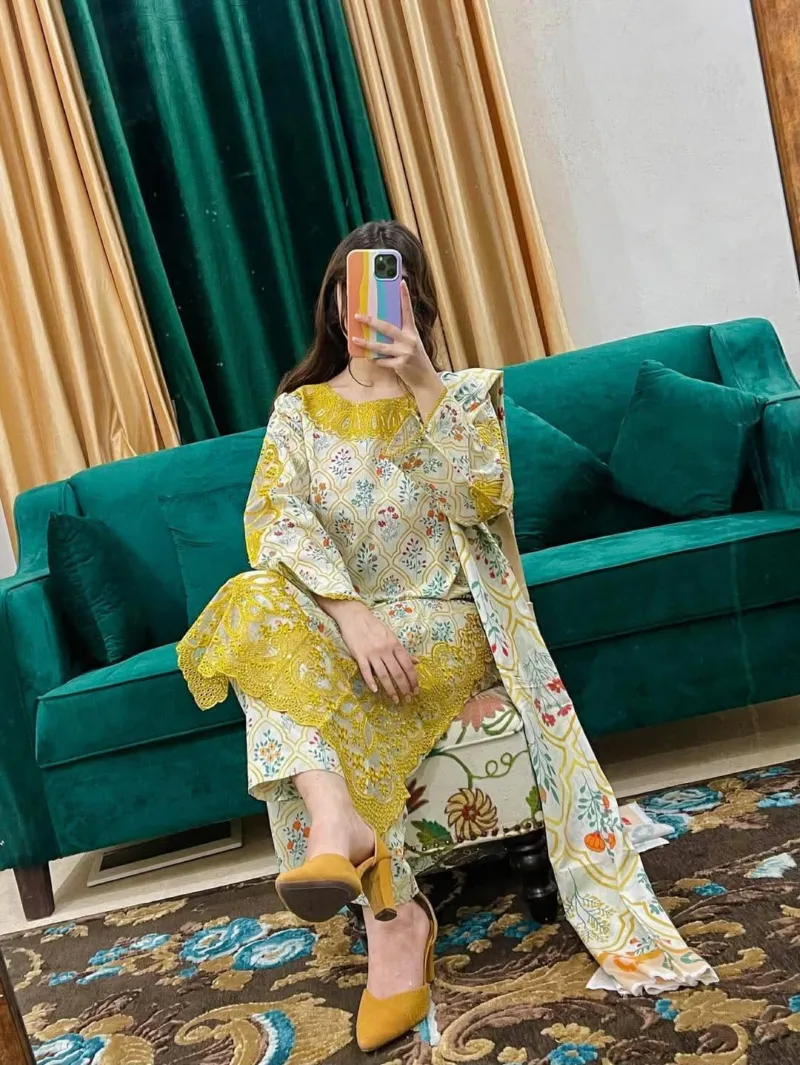 Women's Pure Cotton Embroidered Three Piece, 6 Colours